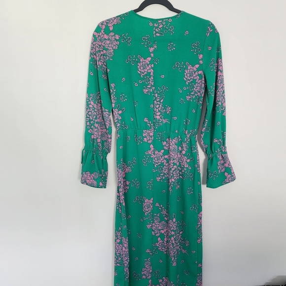 H&M Womens Small Dress Green Floral Midi Wrap Bell Long Sleeve - Picture 3 of 5